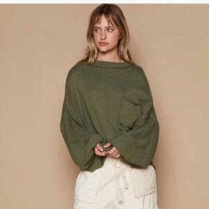 POL Slouchy Long Sleeve Pocket Green Sweater Knit Women's Cotton Large